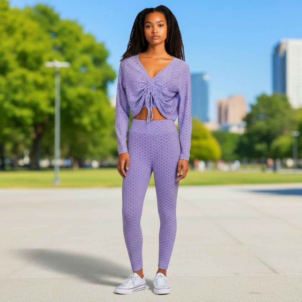 Aq Sport Purple 2 piece stretchy crop top legging set XL